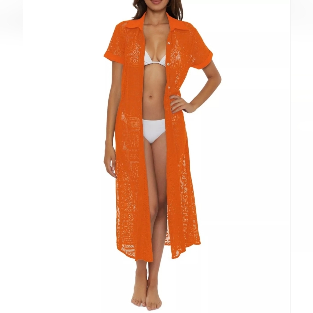 Becca Womens Swim Cover Size Large Orange Gauzy Cotton Lace Belted Shirtdress